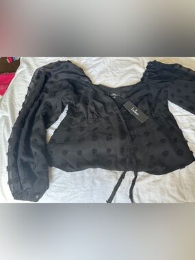 Lulu's Black Textured Swiss Dot Tie-Front Blouse